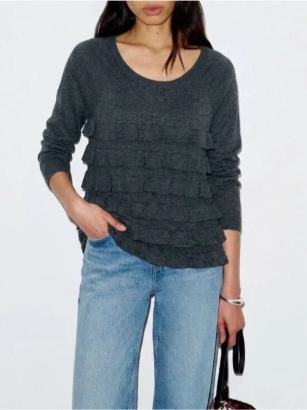 J.Crew Tiered Ruffle Sweater Charcoal Gray Pima Cotton Wool Scoop Neck, S